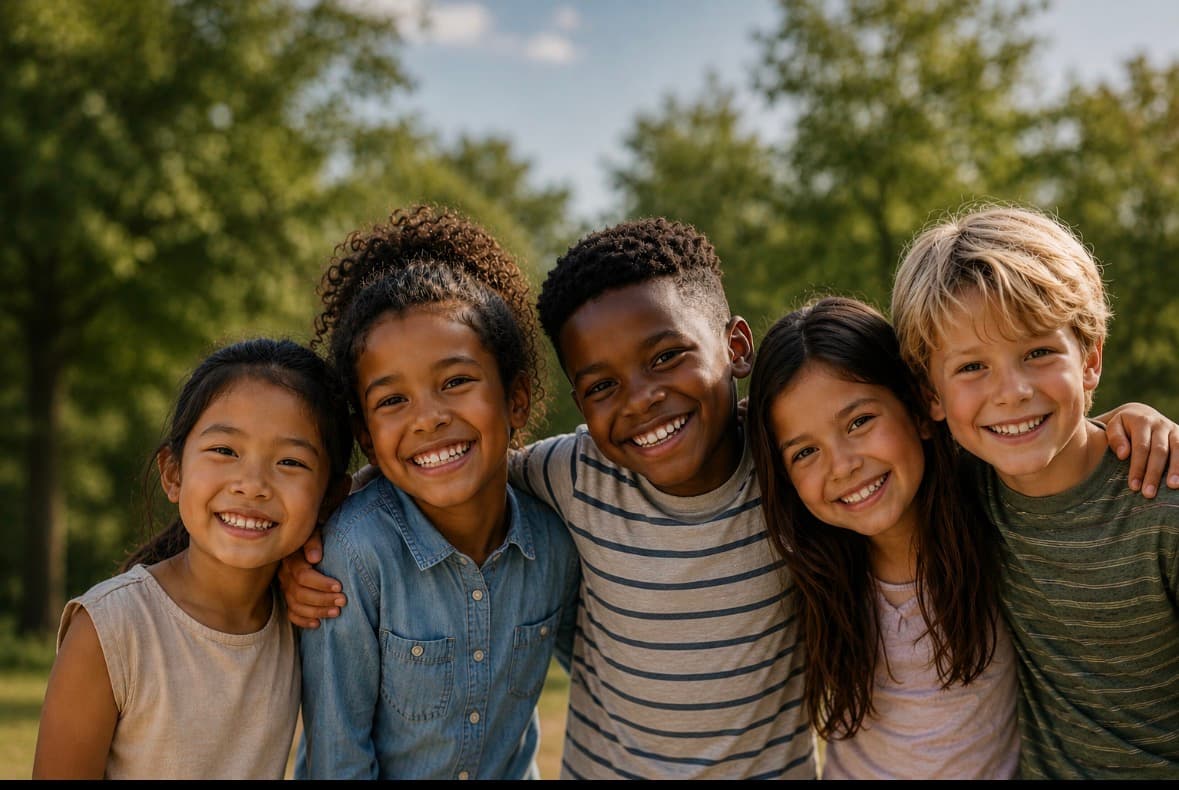 Kids smiling together outdoors — representative of the young people K.I.N. serves