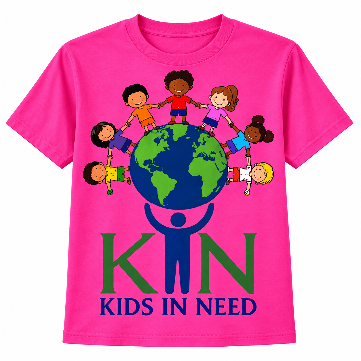 K.I.N. Foundation t-shirt in Hot Pink, featuring the K.I.N. globe-and-kids logo