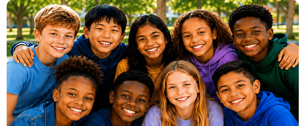 A group of smiling kids outdoors, representative of the young people K.I.N. serves