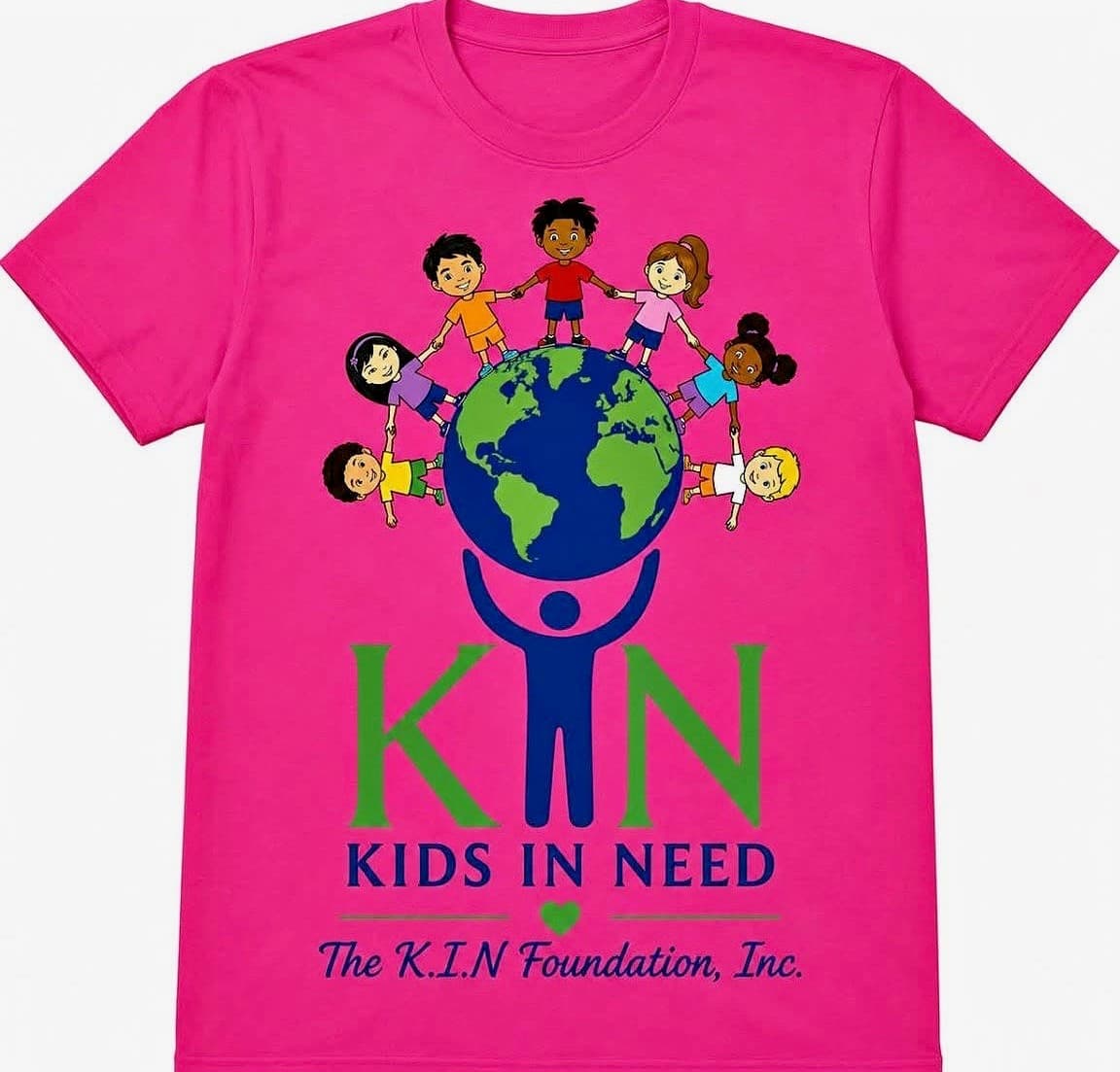 K.I.N. Foundation t-shirt in Hot Pink, featuring the K.I.N. globe-and-kids logo